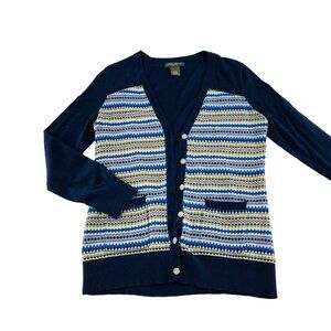 Eddie Bauer Womens‎ Cardigan Sweater L/G Fair Isle Pattern Blue Cotton